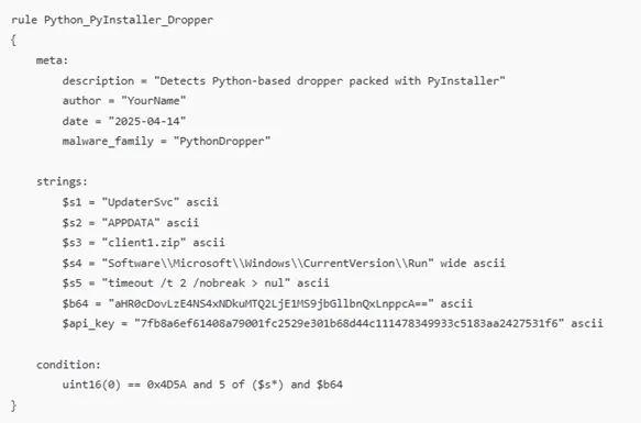 yara rule python_pyinstaller dropper screenshot