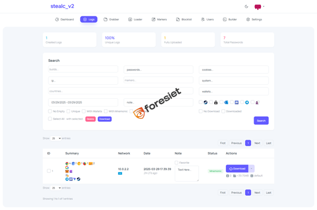 Figure 6: Stealc V2 Logs page—detailed search, filters, and log entries. See the mnemonic-marked log with Chrome/Edge/Opera icons, 2 wallets, and full upload status.