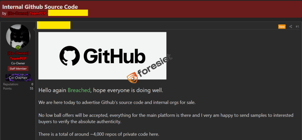 Forum advertisement claiming sale of GitHub internal source code and private repositories by the actor.